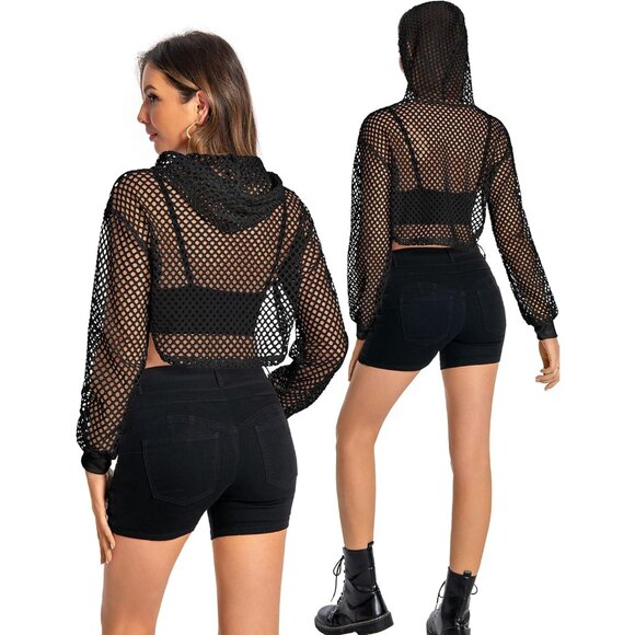 Women Mesh Crop Top Hoodie Fishnet Long Sleeve Sheer Blouse for Party - Picture 5 of 7